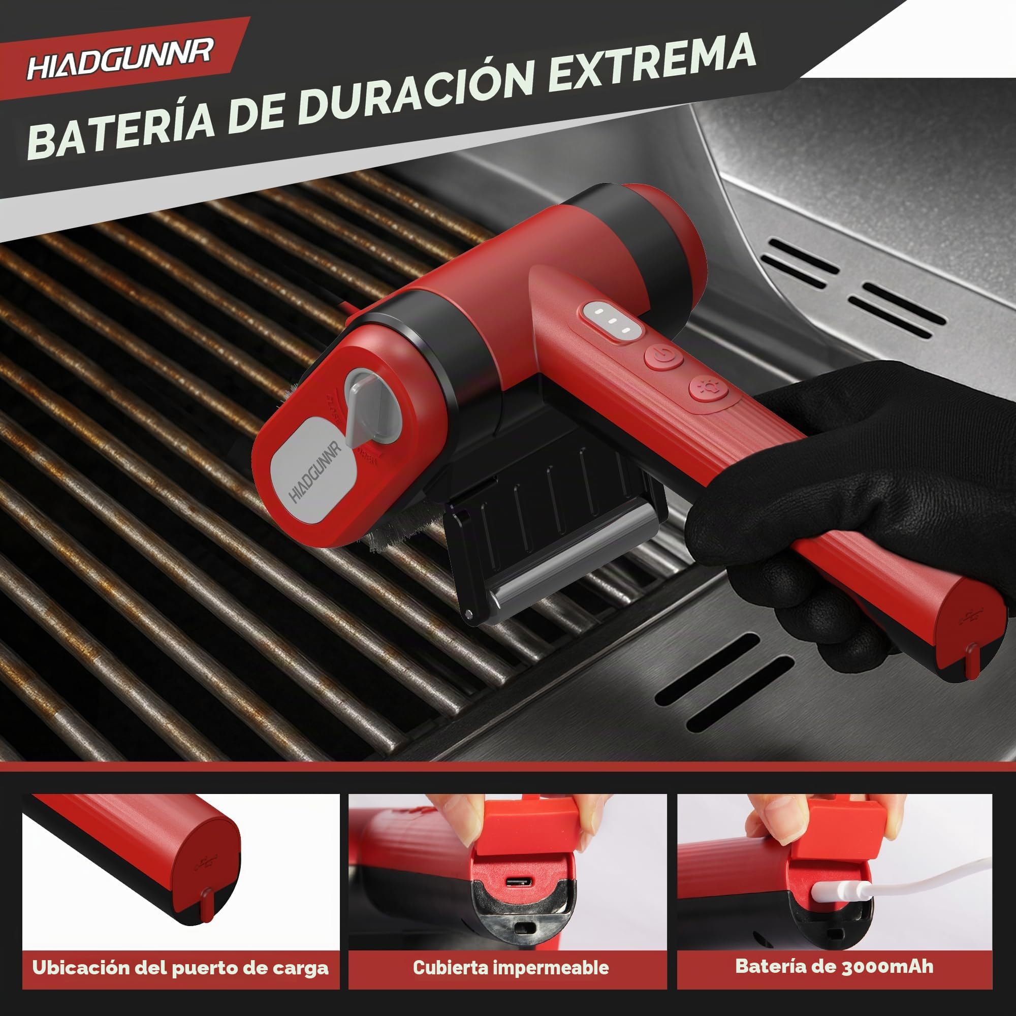 Cepillo eléctrico para parrilla, limpiador de parrilla con luz LED, cerdas de acero inoxidable de 700-800 rpm, cabezal de cepillo extraíble 304, herramienta de limpieza de parrilla recargable