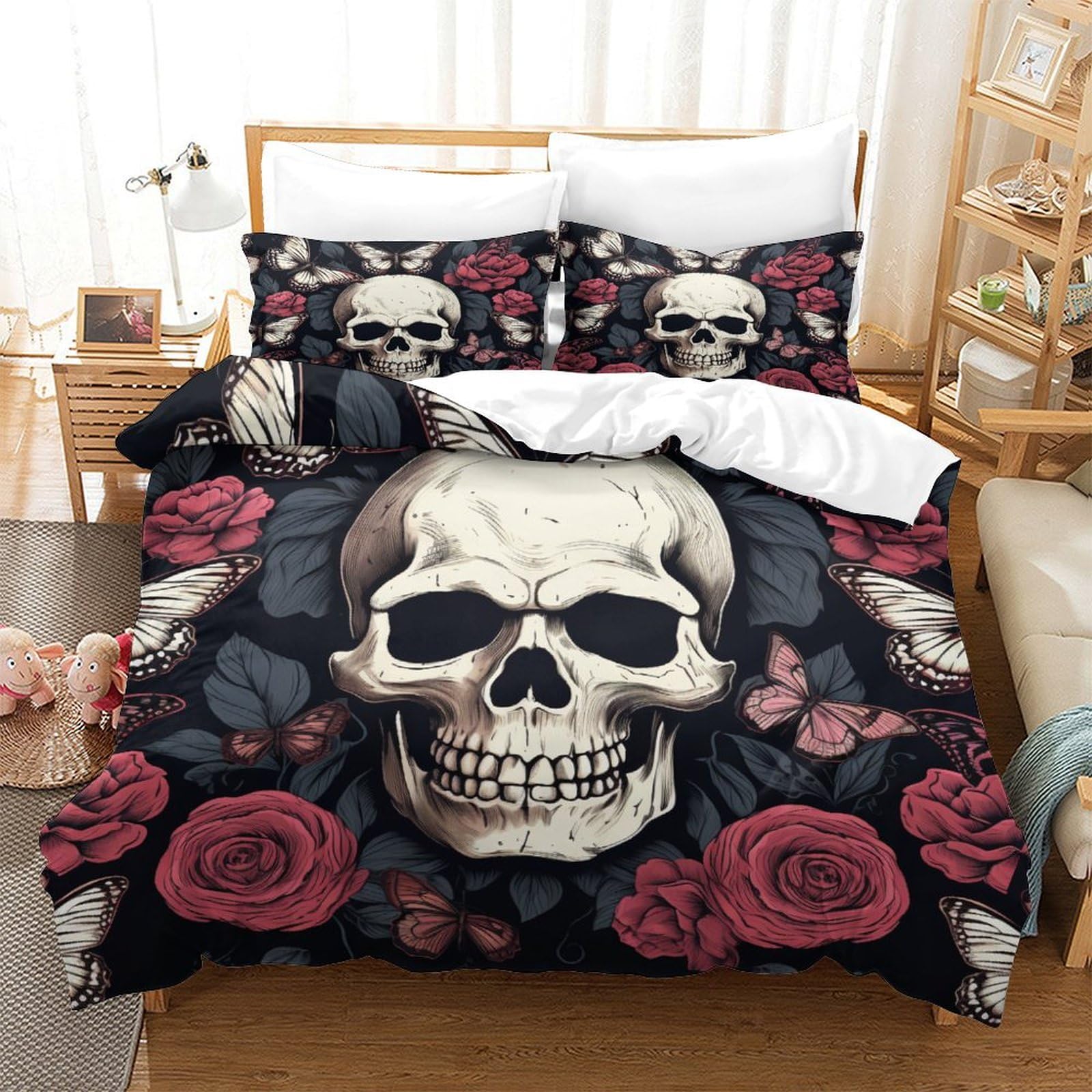 P1S9U7W5Y 3D Printed Skull Rose Duvet Cover Set 3pcs Microfiber Gothic Bedding Set King