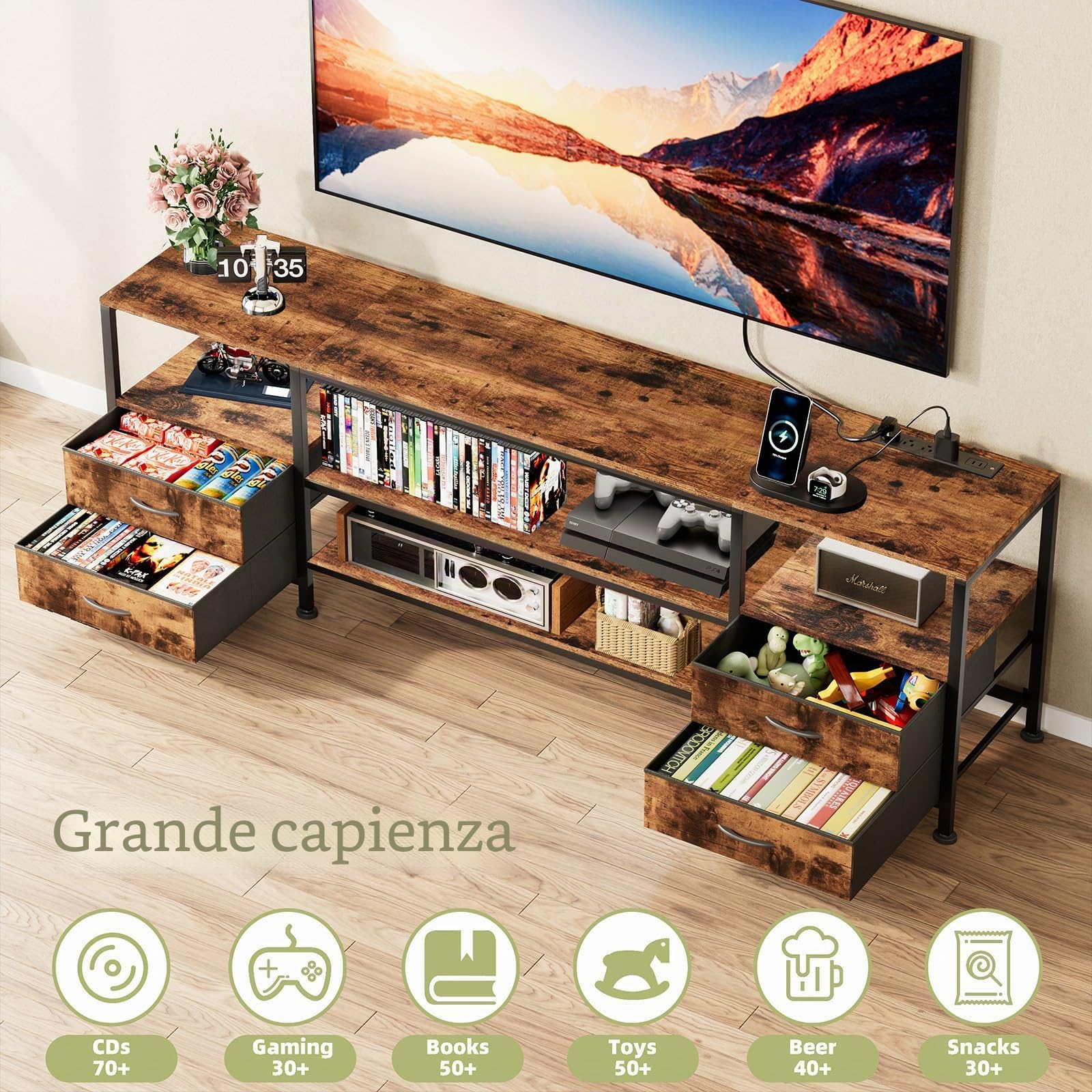 Mobile TV Legno, Mobile Porta TV con Presa e Striscia Luminosa a LED, Cassettiera in Tessuto con 4 Cassetti e 4 Ripiani Aperti,160x40x63 cm