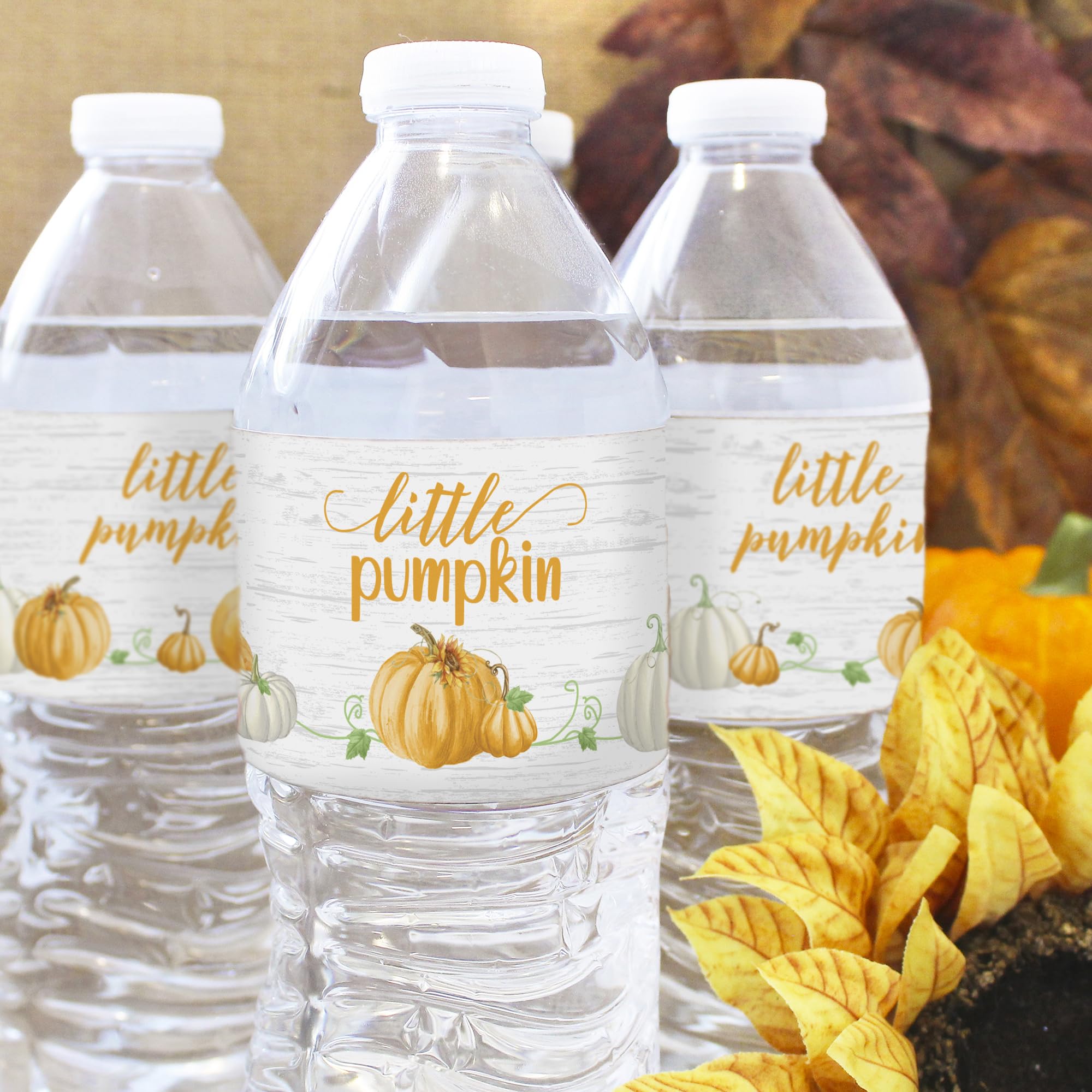 Orange Little Pumpkin Baby Shower Water Bottle Labels, Fall Pumpkin Gender Reveal, Waterproof Wrappers - 20 Count