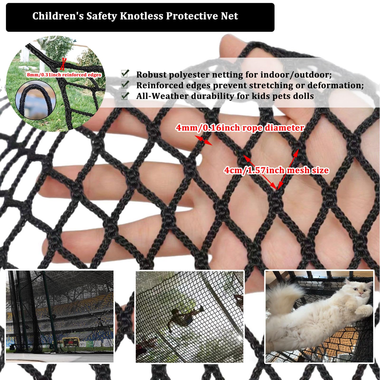 Universal Sicherheitsnetz Kinder Schutznetz Polyester Knotenlos Treppe Zaun GeländerSicherheitsschutz Anti-Fall für Haustier Katzennetz Balkone Terrassen Fenster(Size:2*5m(7*16ft),Color:schwarz)