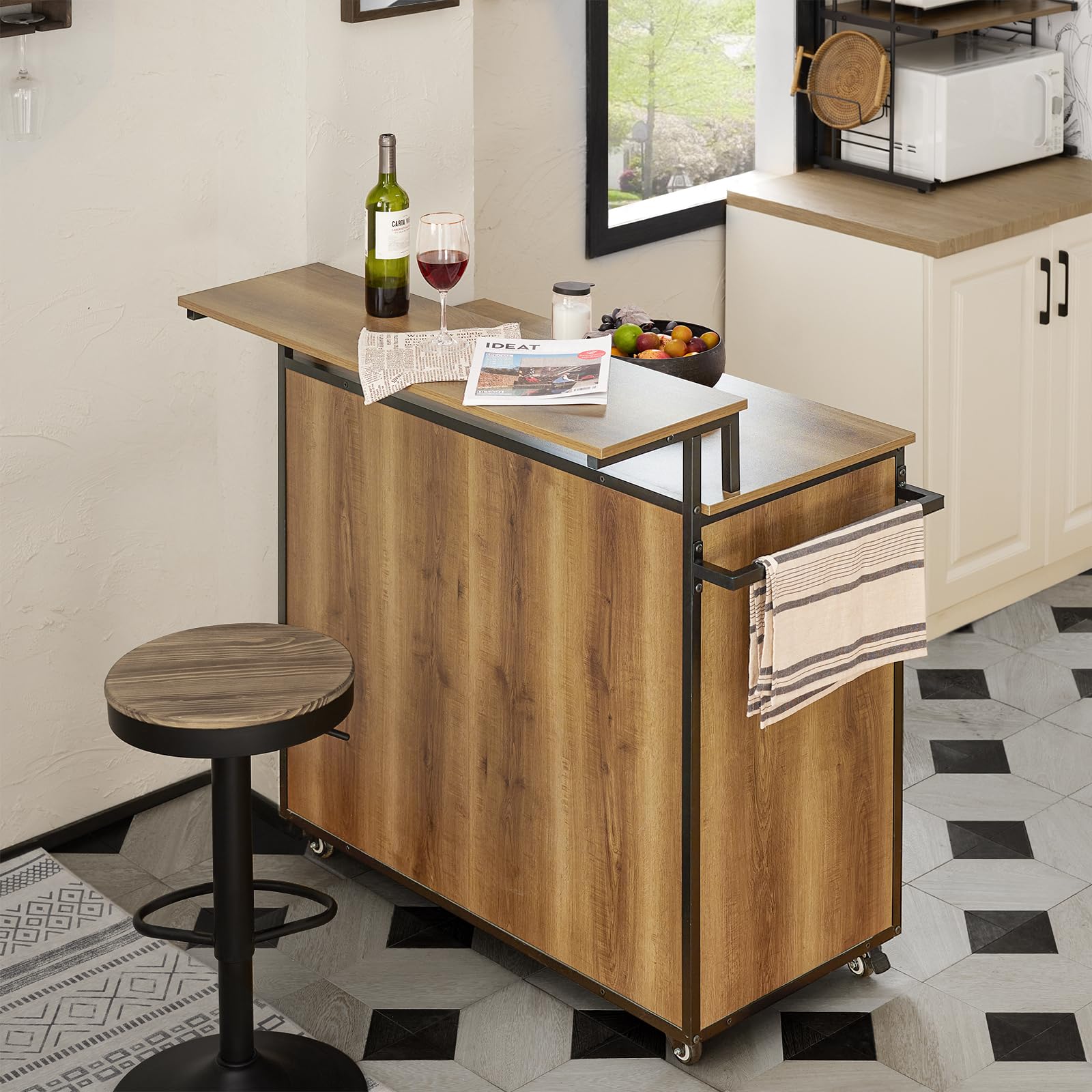 SoBuy KNL02-PF Design Küchenwagen mit Arbeitsplatte Kücheninsel mit Türen und Schubladen Küchenschrank Rollwagen Sideboard auf Rollen Küchentrolley Vintage braun BHT ca.: 113x106x69cm