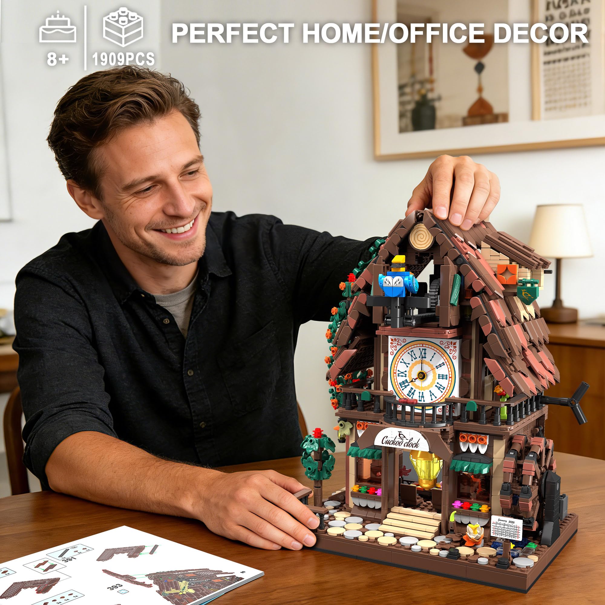 TYCOLE Set di Costruzione Casa con Orologio a Cucù 1909 Pezzi con Orologio Funzionante, Uccello Meccanico Pop-up e Ruota ad Acqua, Decorazioni, Costruzioni per Bambini, Regalo Bambino Bambina 8 Anni