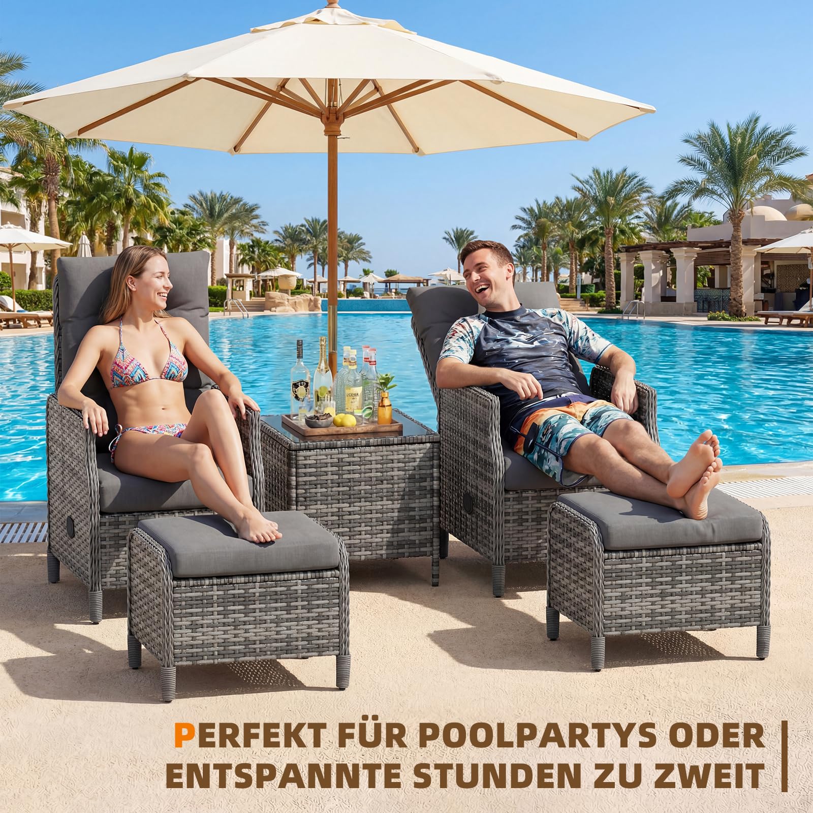 UDPATIO Rattan Gartenmöbel Set 5-teilig mit Verstellbaren Sessel, Fußhocker und Couchtisch | Lounge Möbel Outdoor Set | Balkonmöbel Kleiner Balkon | Wetterfest Terrassenmöbel | Dunkelgrau
