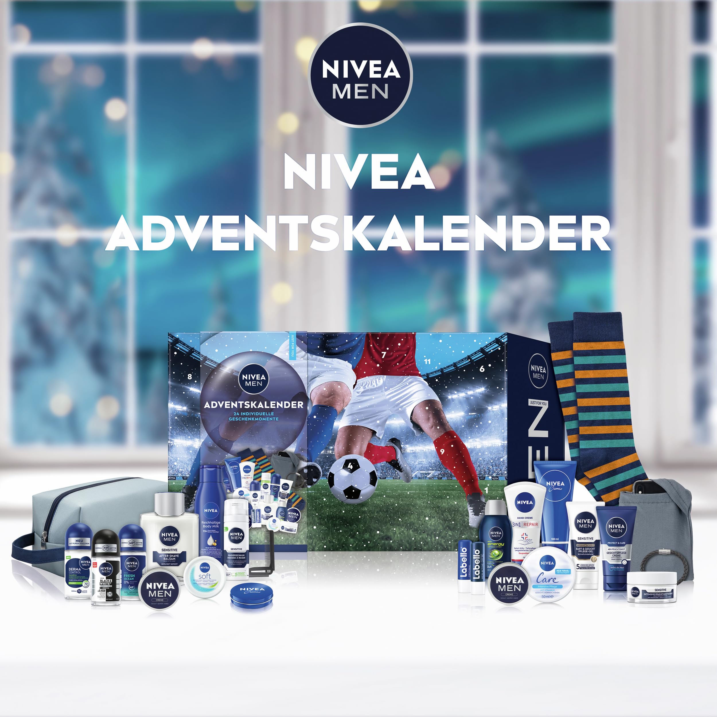 NIVEA MEN Adventskalender 2025-24 Türchen mit verwöhnenden Überraschungen, Weihnachtskalender mit Pflegeprodukten für die Adventszeit, NIVEA MEN, NIVEA und Labello Produkte