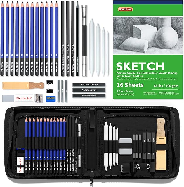 Sketching Pencils and Drawing Set, Shuttle Art 37 Pack Sketch Pad and Pencils Set in Sturdy Zipper Case with Charcoal Pencils and Sketch Books, Professional Sketch Drawing Pencils for Artists, Adults