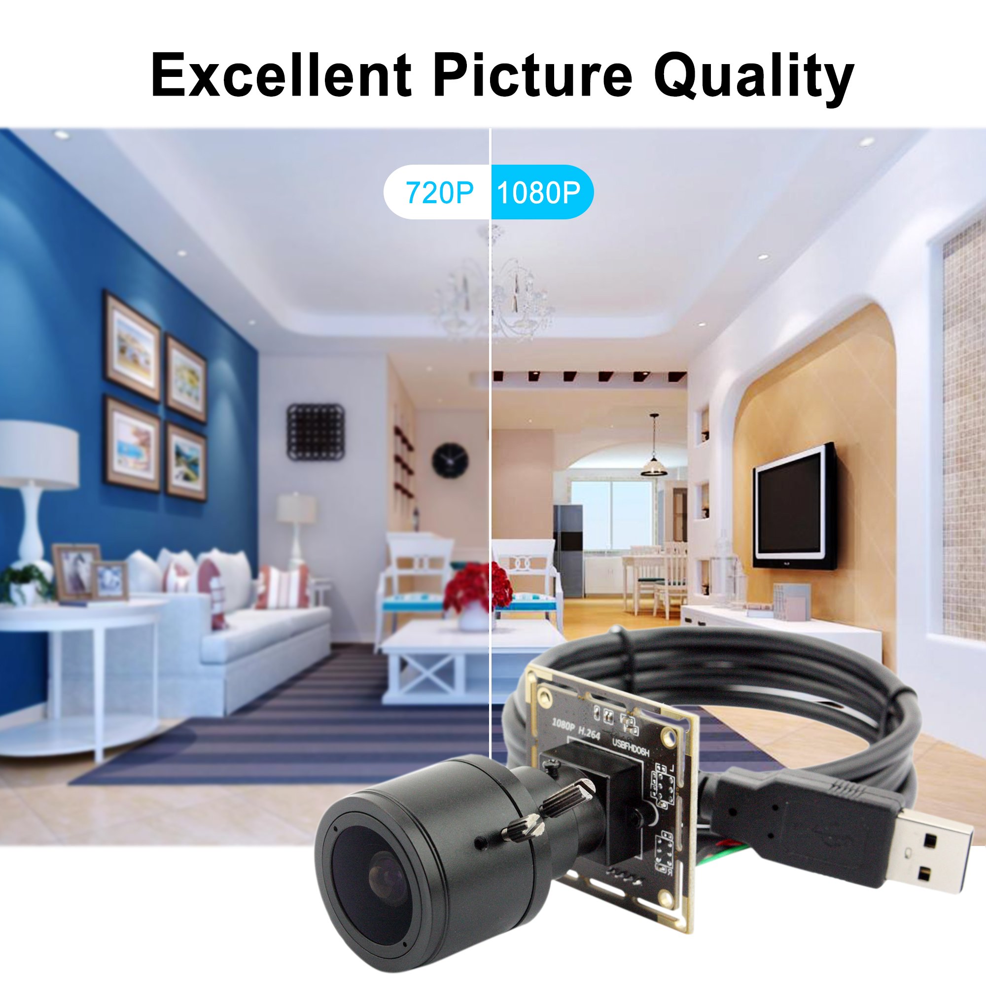 Image comparing 720P and 1080P video quality from the ELP USB camera module in an indoor setting, highlighting excellent picture quality.