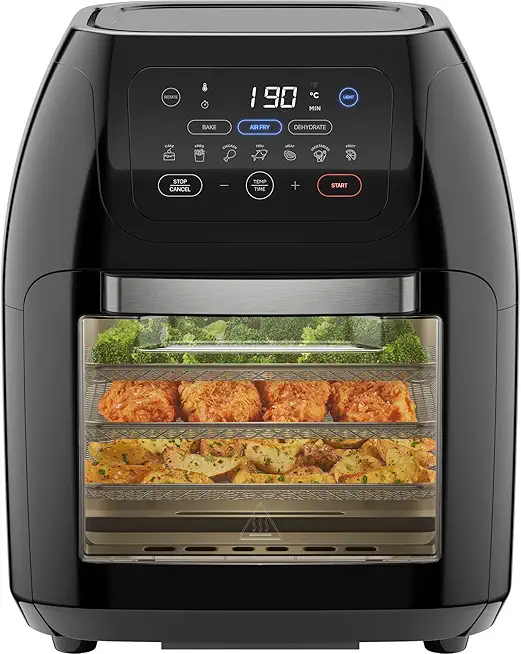 Chefman Multifunktionale Digitale Heißluftfritteuse + Rotisserie, Dörrautomat, Konvektion, 17 Touchscreen-Voreinstellungen, XL 10L Familiengröße, Automatische Abschaltung, Großes Sichtfenster, Schwarz