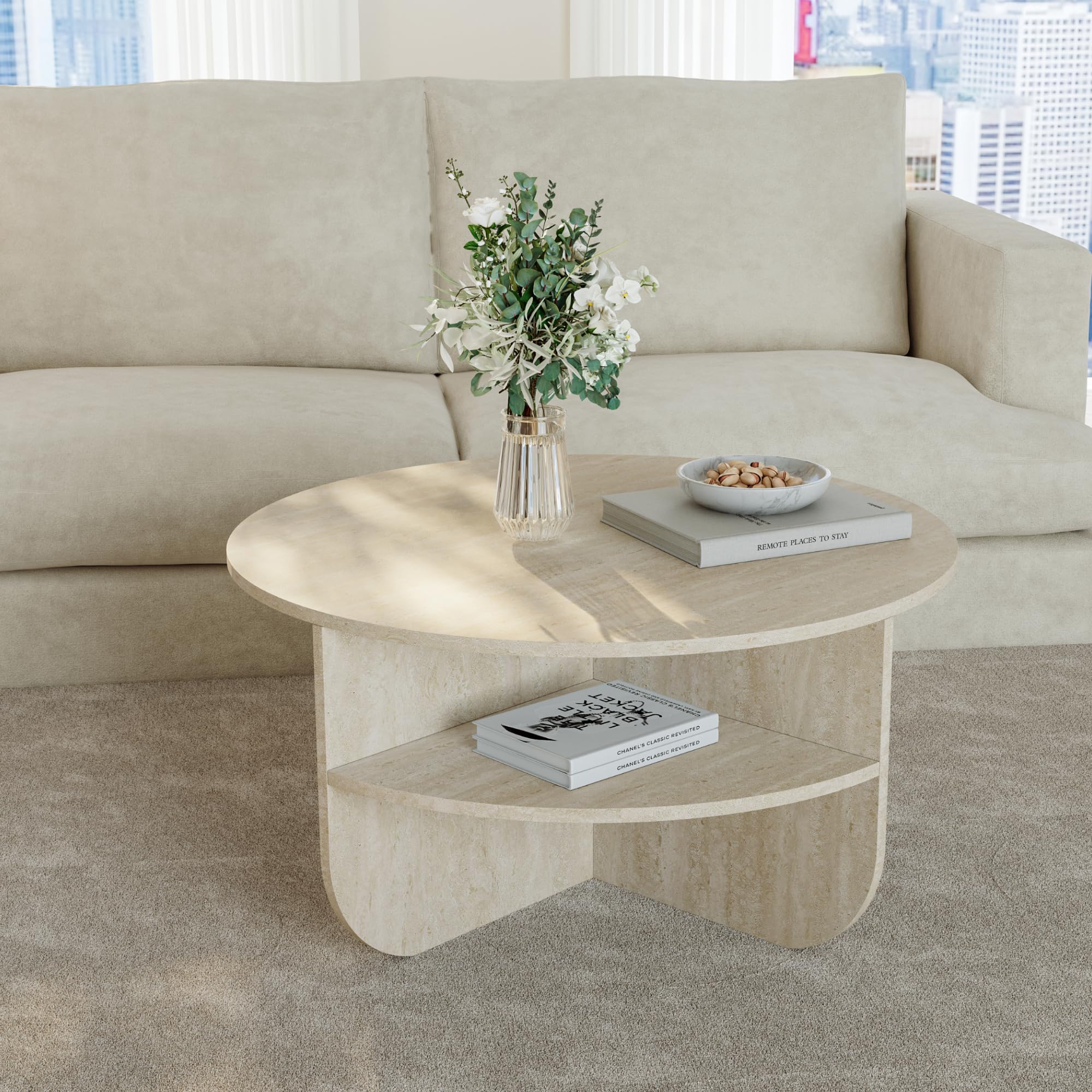 [en.casa] Tavolino Centrale da Salotto Tavolo Basso Rotondo con Ripiano Tavolino da caffè per Soggiorno Area Living Ø80 x 41 cm Color Avorio Travertin