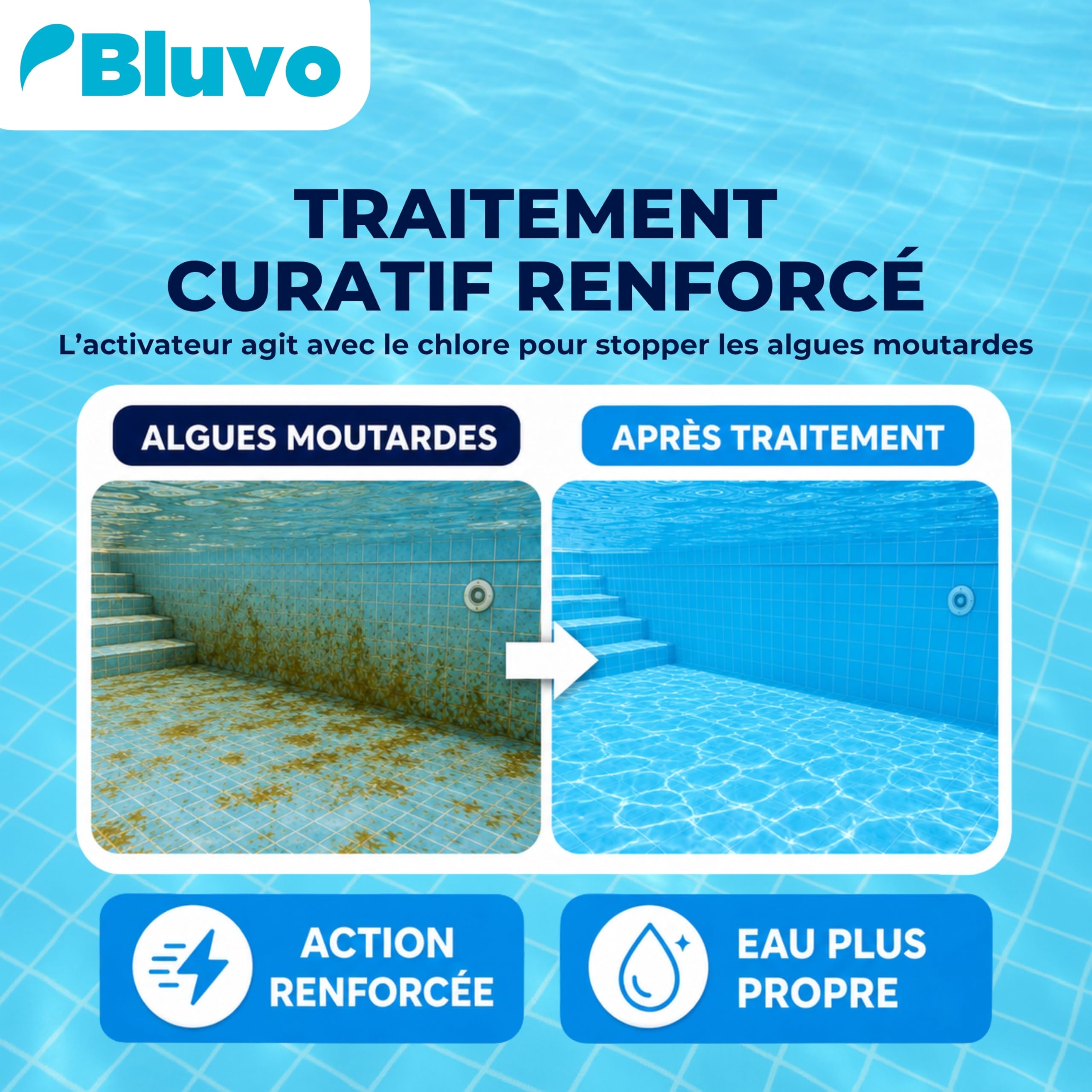 Activateur Anti-Algues Moutarde Piscine 1L | Traitement Algicide Spécifique Contre Les Algues Moutardes | Action Renforcée avec Le Chlore | Usage Curatif et Préventif