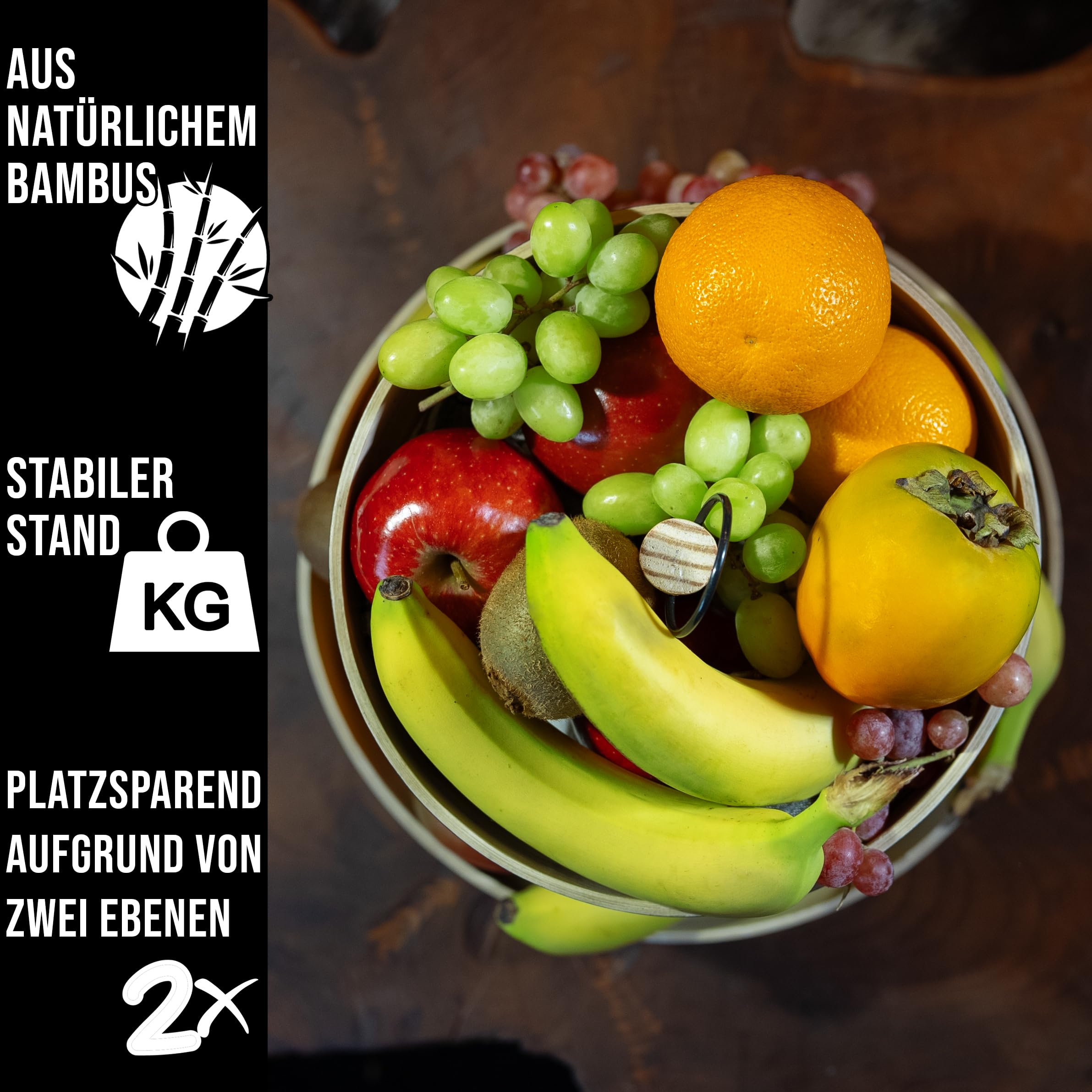 Tiali Obst Etagere 2 Etagen Bambus - Holz für Extra Viel Stauraum - Obstkorb Weiß aus Natürlichem Bambus für Frisches Obst - Fruit Basket - Moderne Obstschale für die Ganze Familie