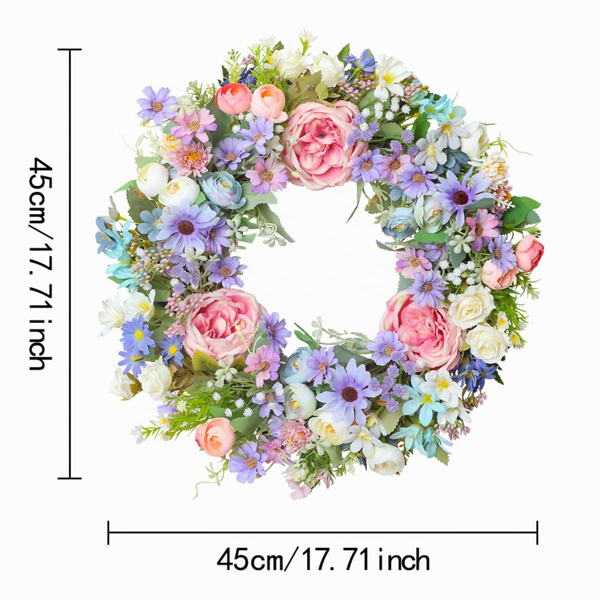 Frühlingskranz für die Haustür, 45 cm Rose Hortensie Künstliche Blumen Kranz, Künstlicher Kranz, Frühlings Sommer Türkranz für Freien Haustür Home Decor