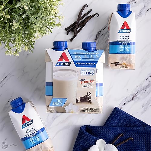 Miniatura 5 de Atkins Batido cremoso de proteína de vainilla, 0.55 onzas de proteína, bajo glucémico, 0.07 oz de carbohidratos netos, 0.04 oz de azúcar, apto para
