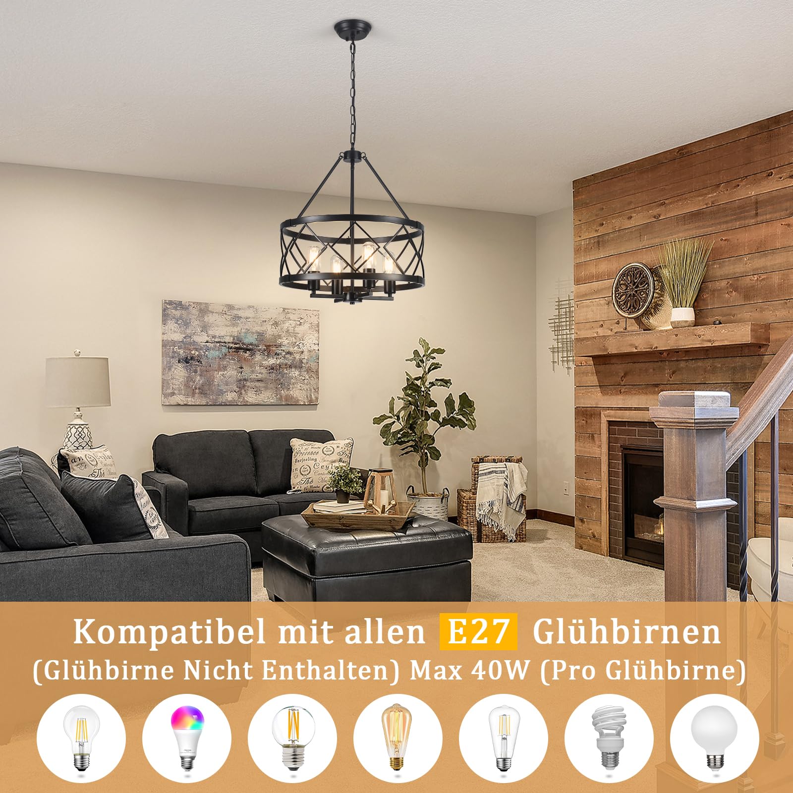 Kronleuchter Modern Schwarz 4 Flammig, Vintage Kronleuchter Hängelampe Wohnzimmer, Landhaus Industrie Deckenlampe Hängend Pendelleuchte für Esszimmer Flur Foyer Schlafzimmer