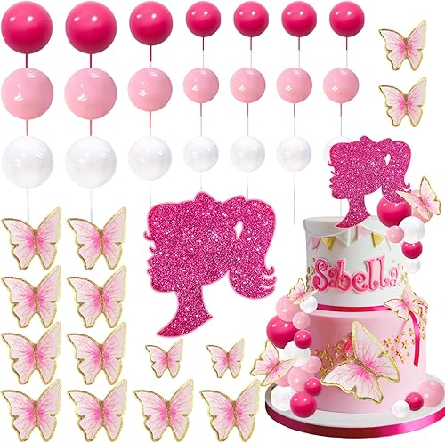 MEMOVAN Decoración para tartas de niña rosa intenso, 27 unidades, bola rosa, mariposa, decoración de tartas para niñas, decoración de pasteles para