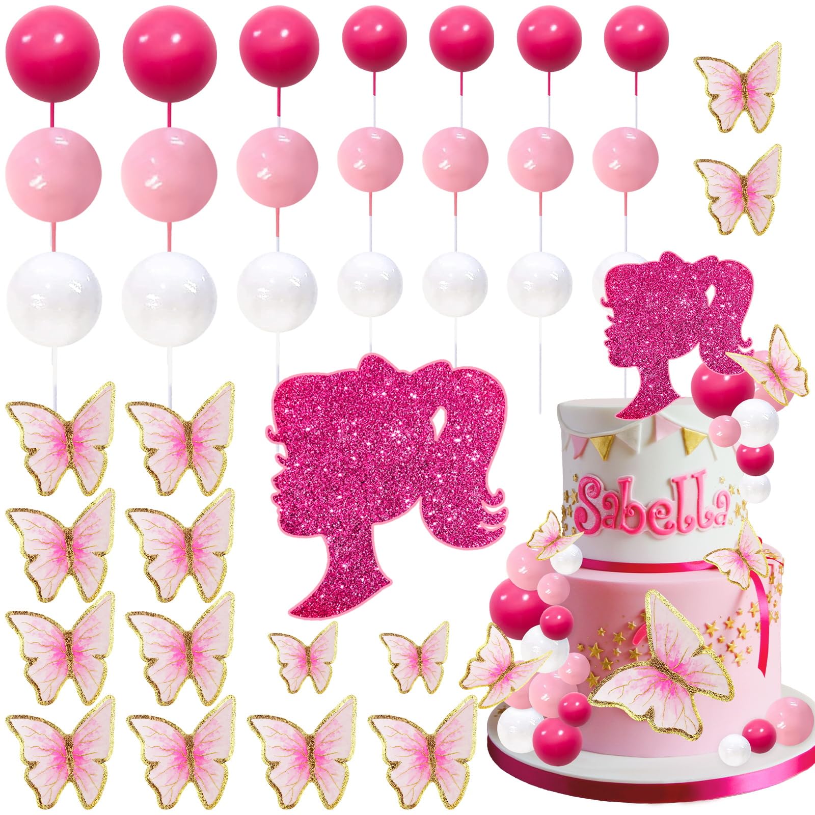MEMOVAN Hot Pink Girl Cake Toppers 27pcs Pink Ball Butterfly Cake Decoration Girl Theme Cake Decoration for Boho Girl Hot Pink Princess Theme Wedding Baby Shower Birthday Party Supplies