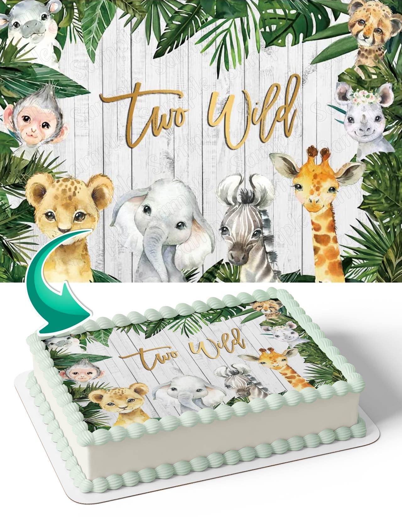 Two Wild Baby Jungle Safari Animals Edible Cake Image Topper Birthday Cake Banner 1/4 Sheet