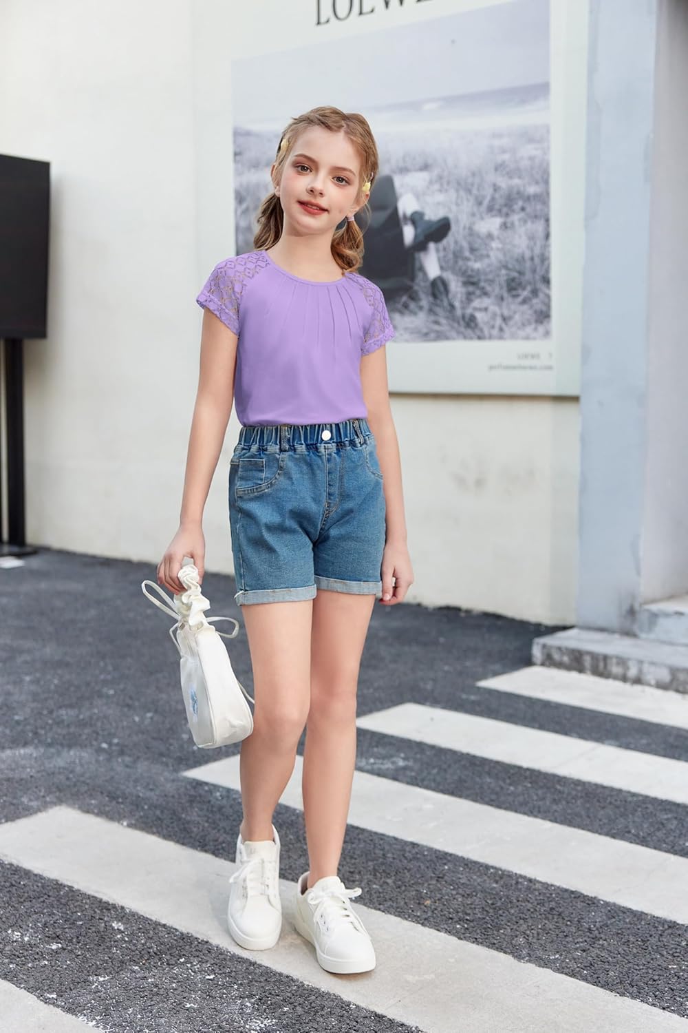 Arshiner Girls Shirts Short Sleeves Lace Pleated Kids Summer Tops Casual Crewneck Blouses Tees - Image 4