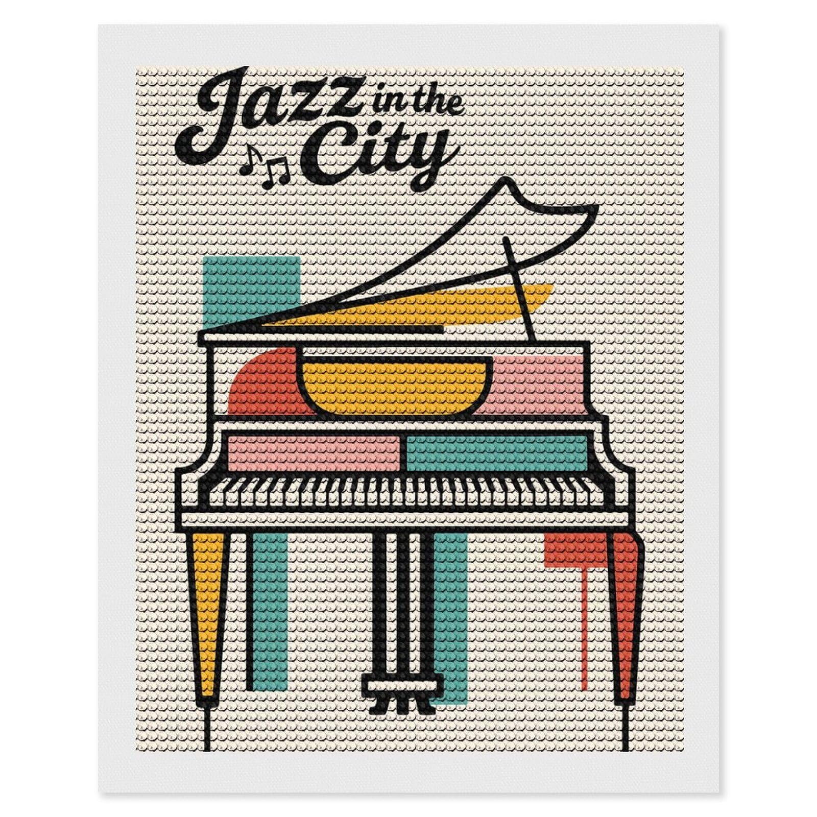 Junmoney Jazz in The City Piano Diamond Painting Set 16"x20", Stress Relief Craft, Easy to Enjoy, Vintage Style Decor, Festive Craft Gift