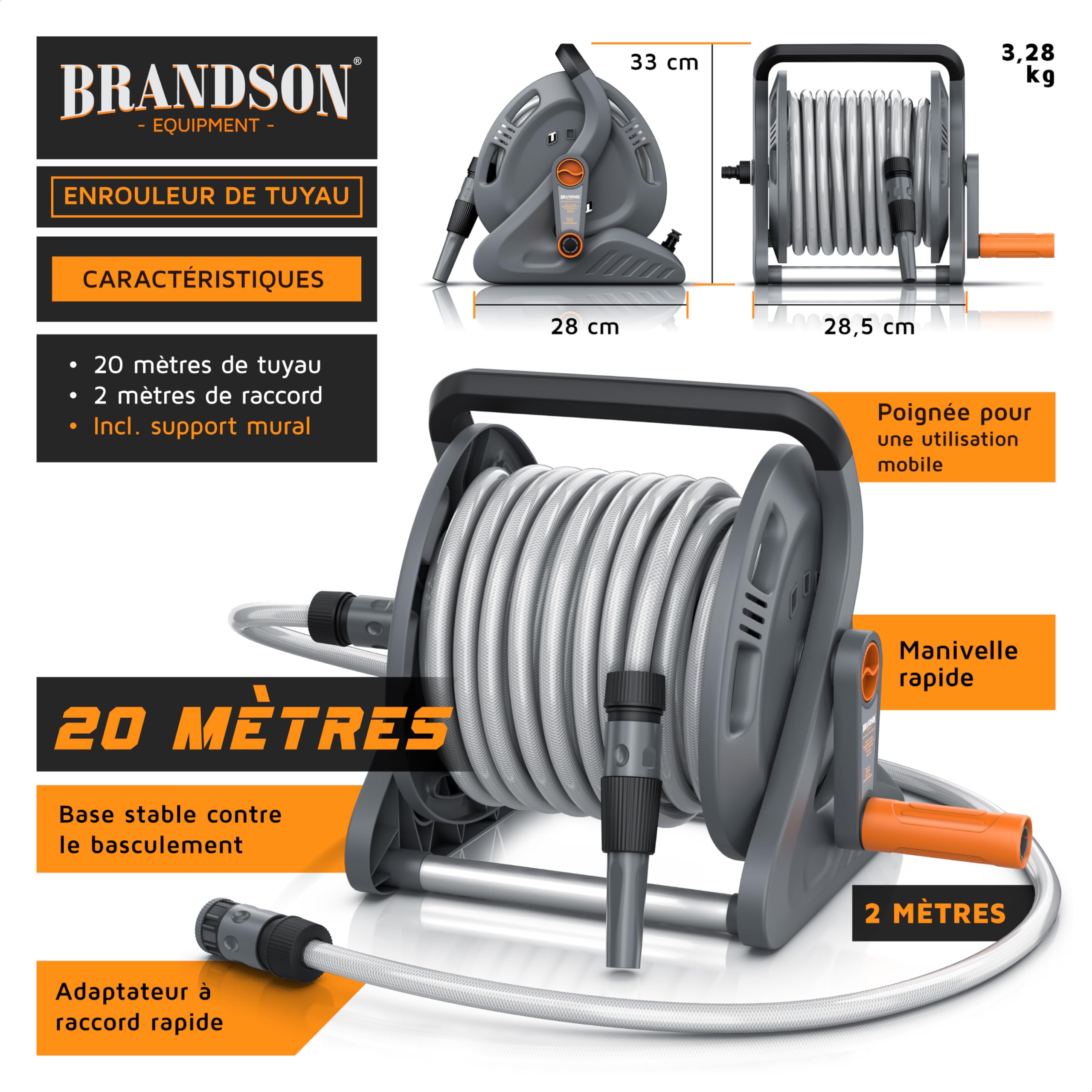 Brandson - Enrouleur Tuyau arrosage de 20 mètres, Enrouleur mobile de tuyau de jardin avec 20 m de tuyau, 2 m d'alimentation, Support mural, Manivelle, Pulvérisateur de nettoyage