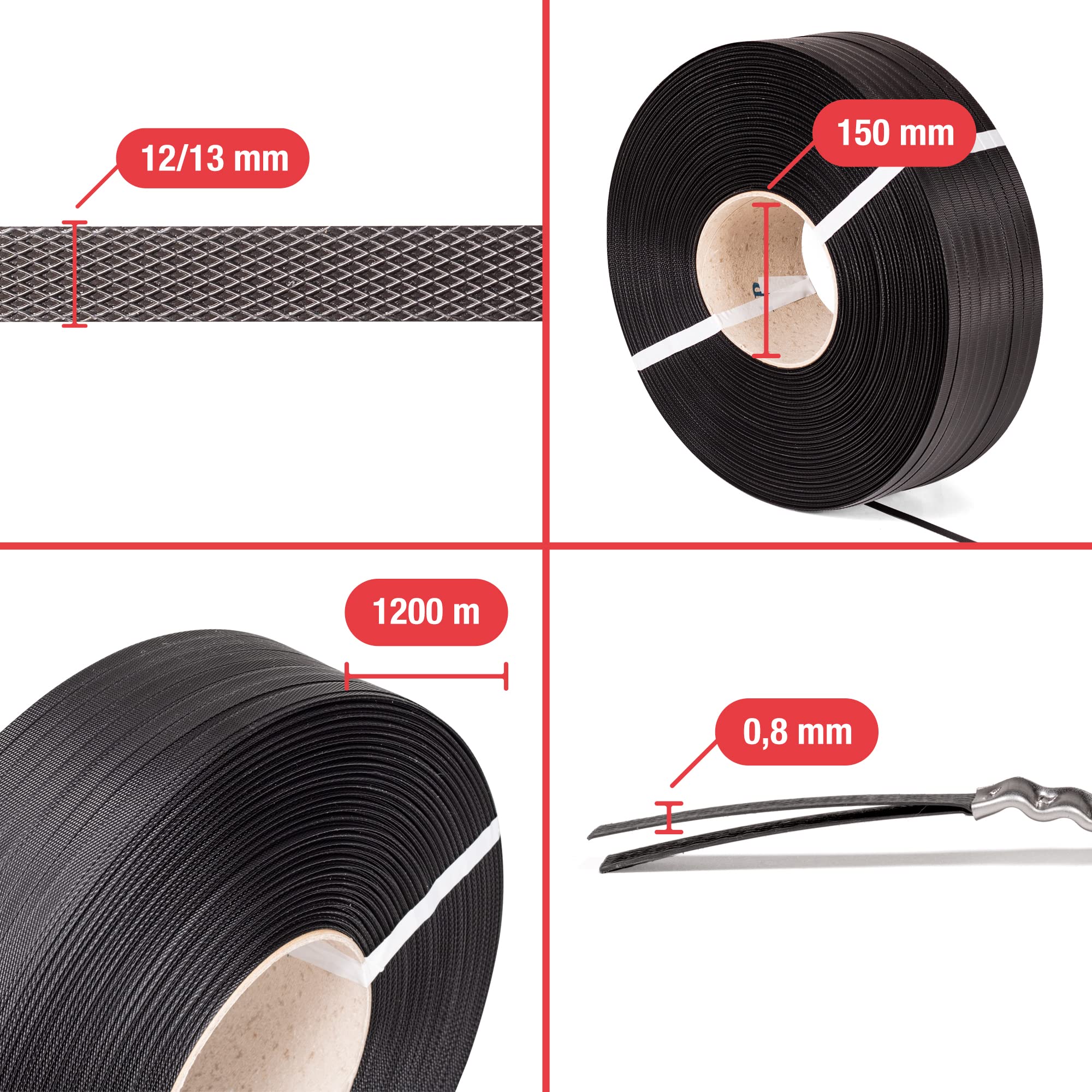 Precifilm Fleje Plastico - Rollos de Polipropileno para Embalajes Ligeros y Medianos de Gran Volumen - Fleje para Atar Cajas de Cartón y Palés de Madera - 12-13mm x 0,8mm - 1200 Metros (Negro)