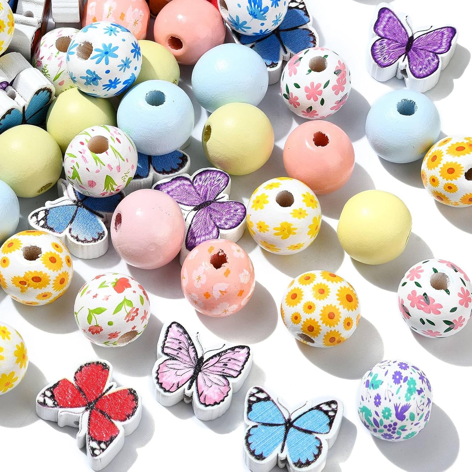 LiQunSweet 100Pcs Spring Theme Butterfly Wood Beads Bulk Round Wooden Beads Printed Wood Butterfly Beads for Bracelet Jewelry Making DIY Crafts Curtains Pens