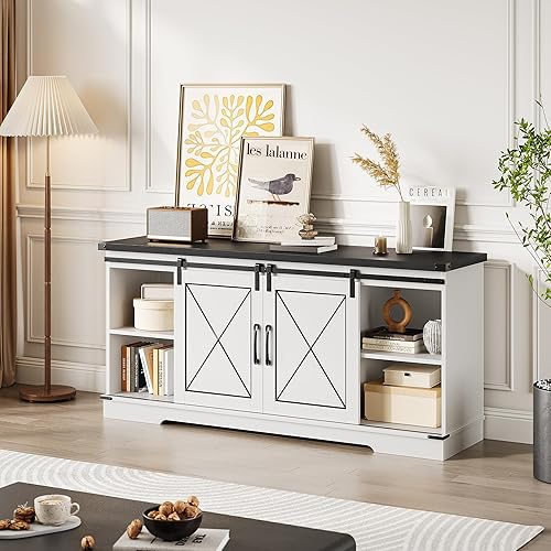 Miniatura 10 de IDEALHOUSE Soporte de TV estilo granja para televisores de 65 pulgadas, centro de entretenimiento con almacenamiento y puertas corredizas de