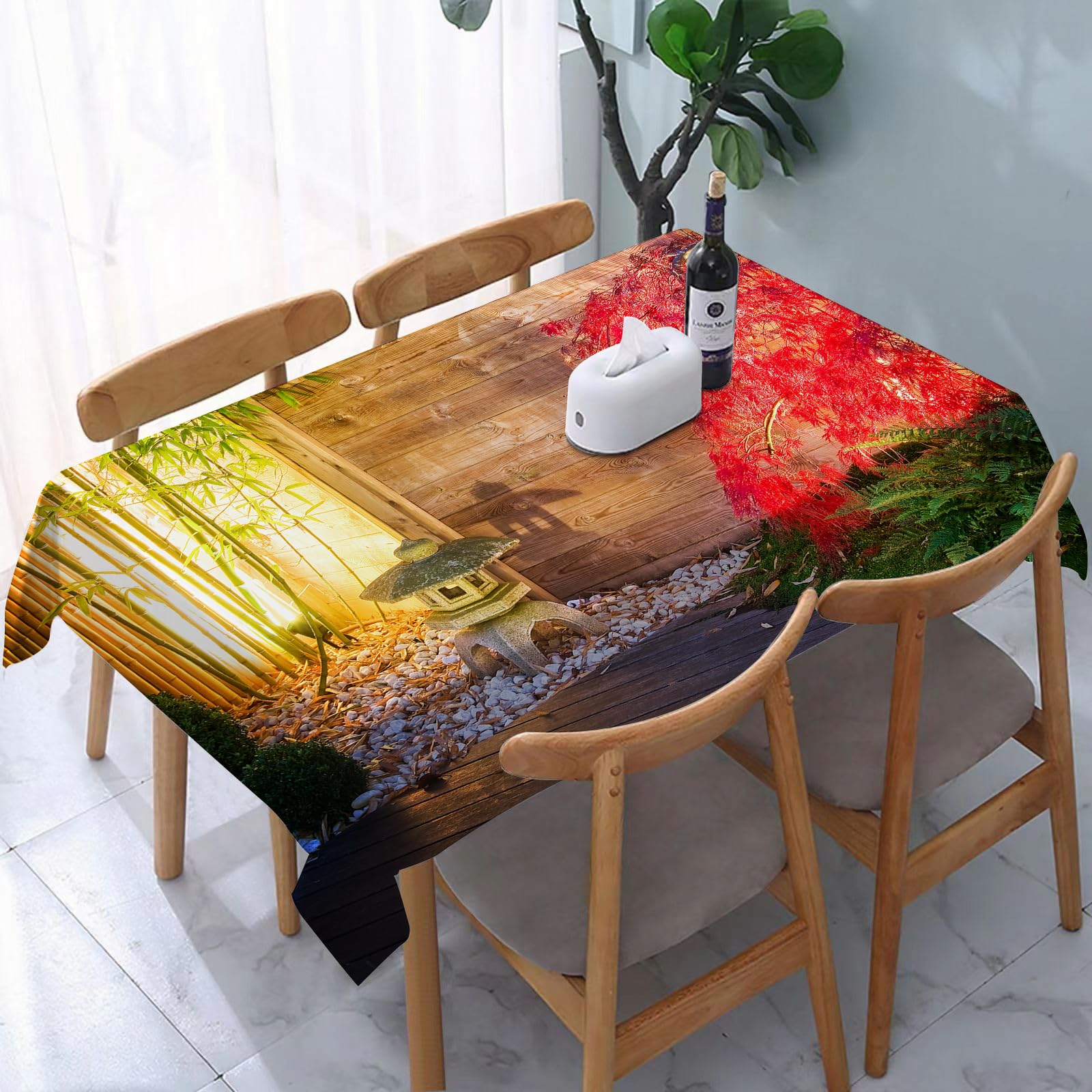 YOIUE Tablecloth,Table Cloth for Rectangle,Garden Japanese Stone Lantern and Red Maple Tree in an Autumnal Garden,Wrinkle Resistant Decorative Table Cover for Kitchen Dining Parties Picnic 54 x 72 in