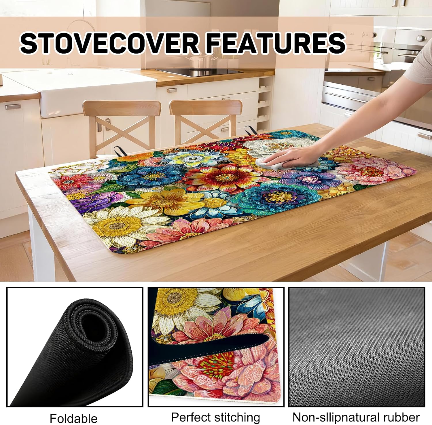 Boho Floral Stove Top Cover for Electric Stove,Colorful Flowers Rubber Stove top Cover, Heat Resistant Glass Cooktop Cover, Flat RV Range Protector Dish Drying Mat, Kitchen Farmhouse Decor, 28"x20"