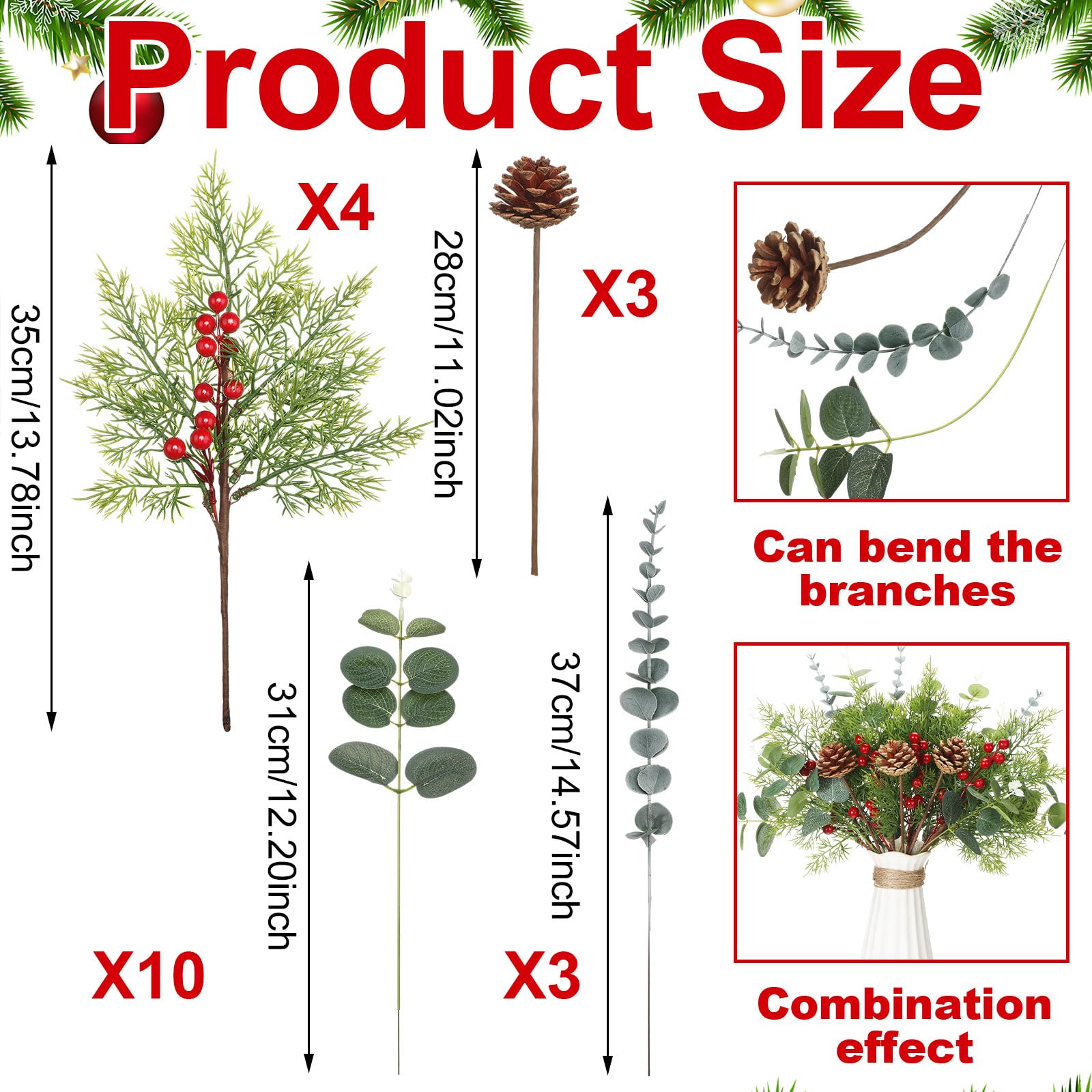 Künstliche Weihnachtsstiele, künstliche Tannenzweige gemischte Weihnachtszedernnadeln, Zapfen, Eukalyptusblätter, rote Beerenstiele für Weihnachten, Zuhause, Vase, Tischdekoration, 20 Stück