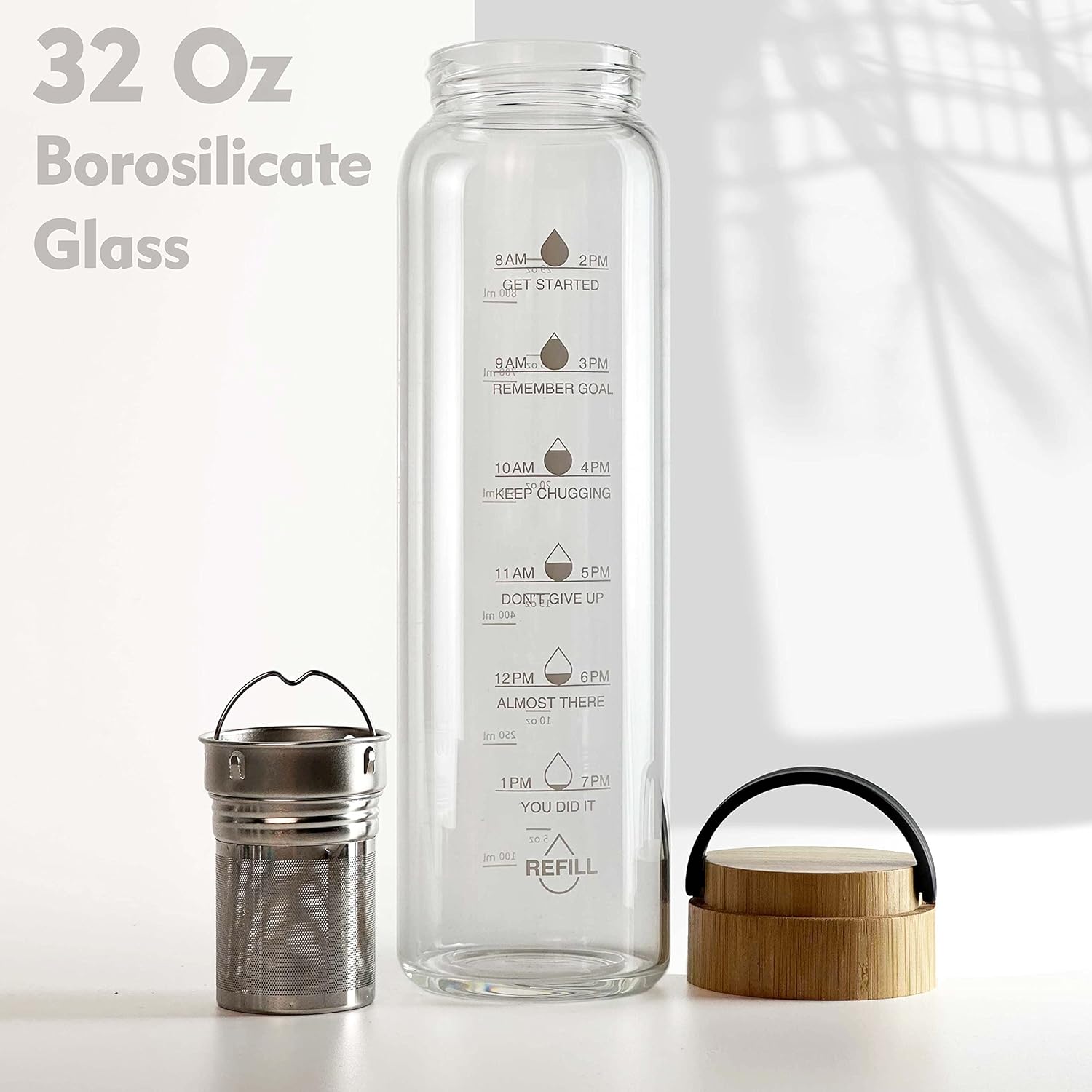 32 oz Motivational Glass Water Bottles with Bamboo Lid Straw and Time Marker - Sports Water Bottle for Drinking - Image 2