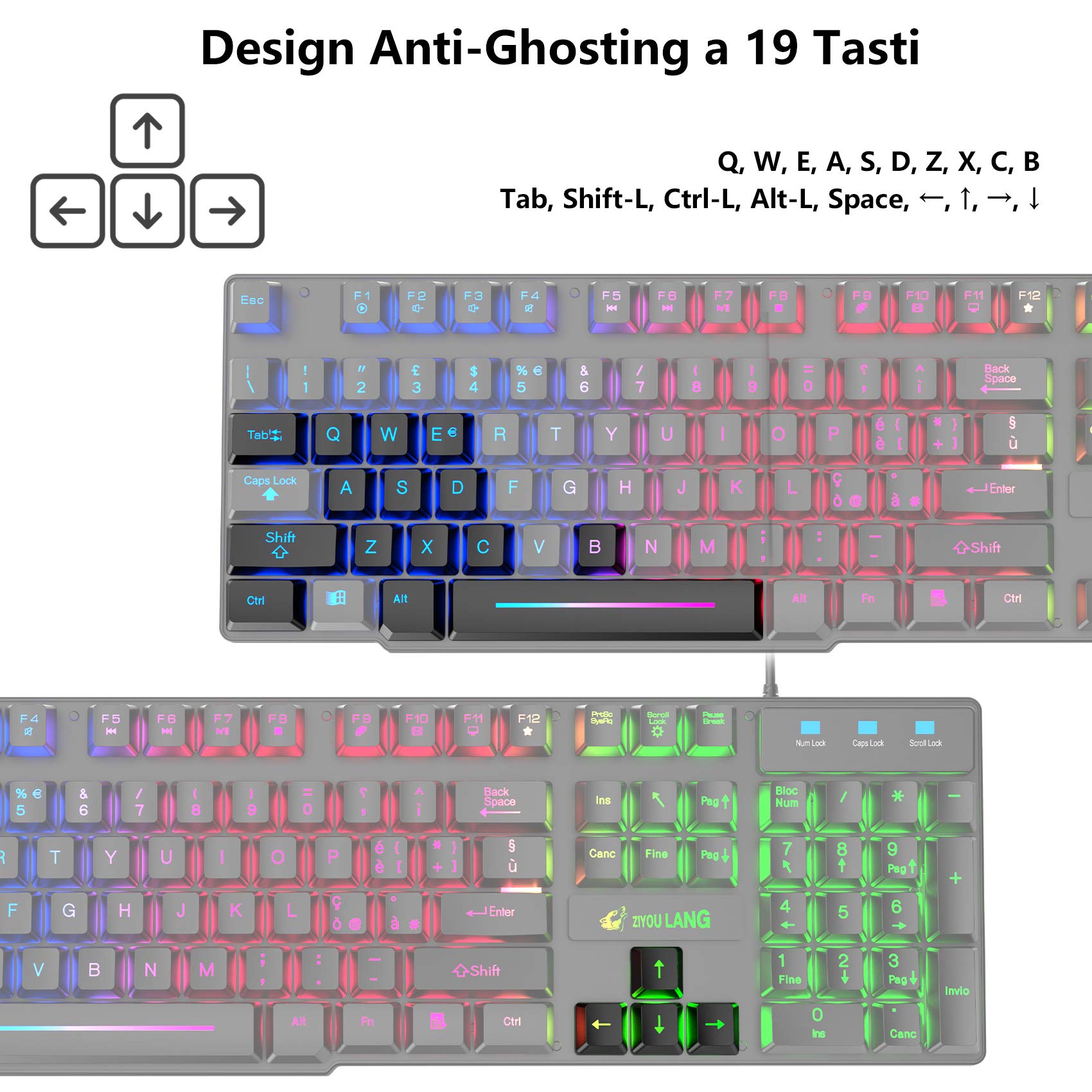 Gaming Tastatur Und Maus Set, Italienisches Layout Regenbogen LED Hintergrundbeleuchtung Ergonomische Keyboard 6 Tasten 2400 DPI Maus und Mauspad, USB Verkabelt, Kompatibel mit PS4 Xbox, Schwarz