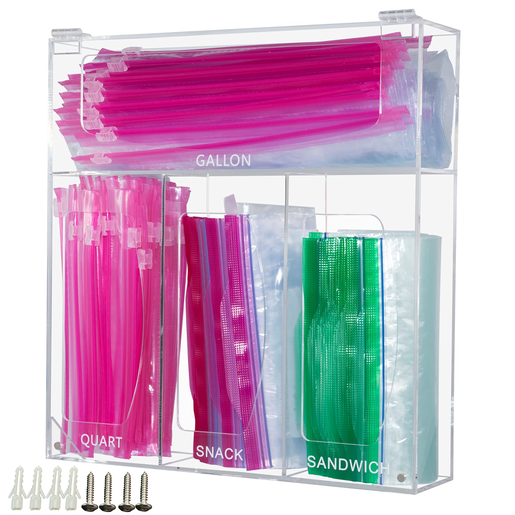 SEANADO Acrylic Ziplock Bag Storage Organizer, Baggie Organizer Dispenser for Kitchen Drawer and Wall Mount with Lid，Compatible with Ziploc, Gallon, Quart, Sandwich & Snack Variety Size Bag（Clear）