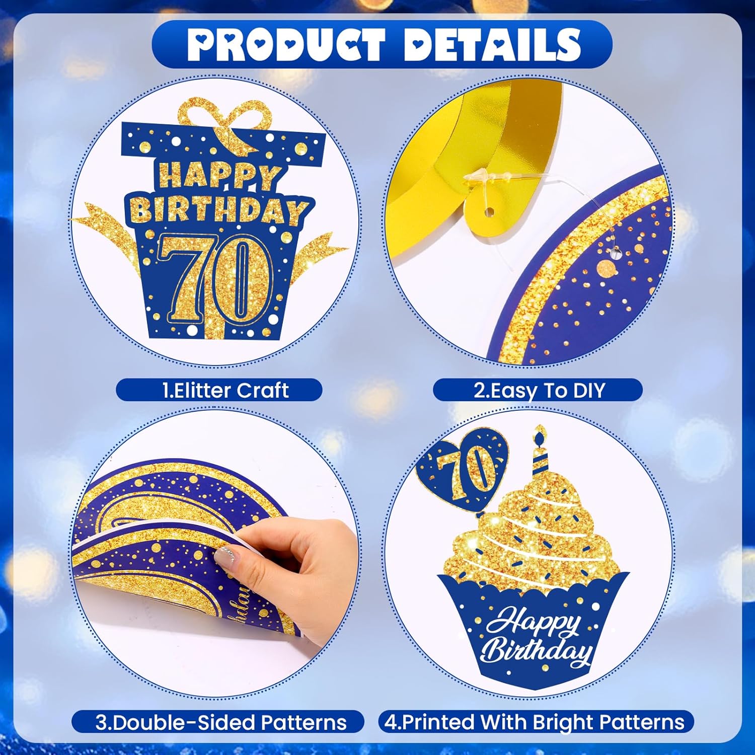 Blue Gold 70th Birthday Decorations: Banner & Swirls for Men Women's 70th Birthday Party Supplies