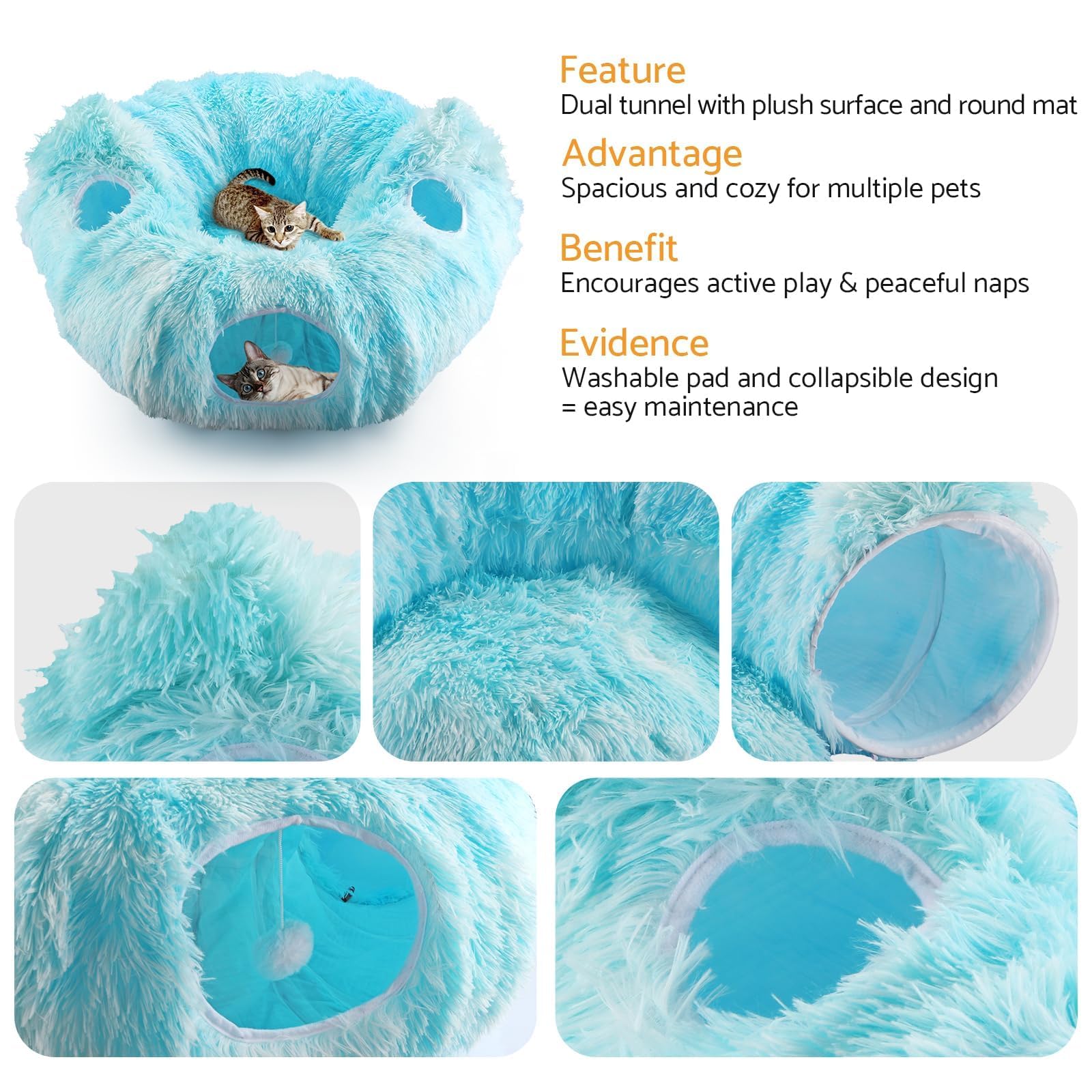 Tunnel Chat Pliable Tunnelle pour Chaton pour Jouer, Courir, se Cacher, Dormir Couffin pour Chats Aire de Jeu Peekaboo,Tunnel avec4 Points d'entrée