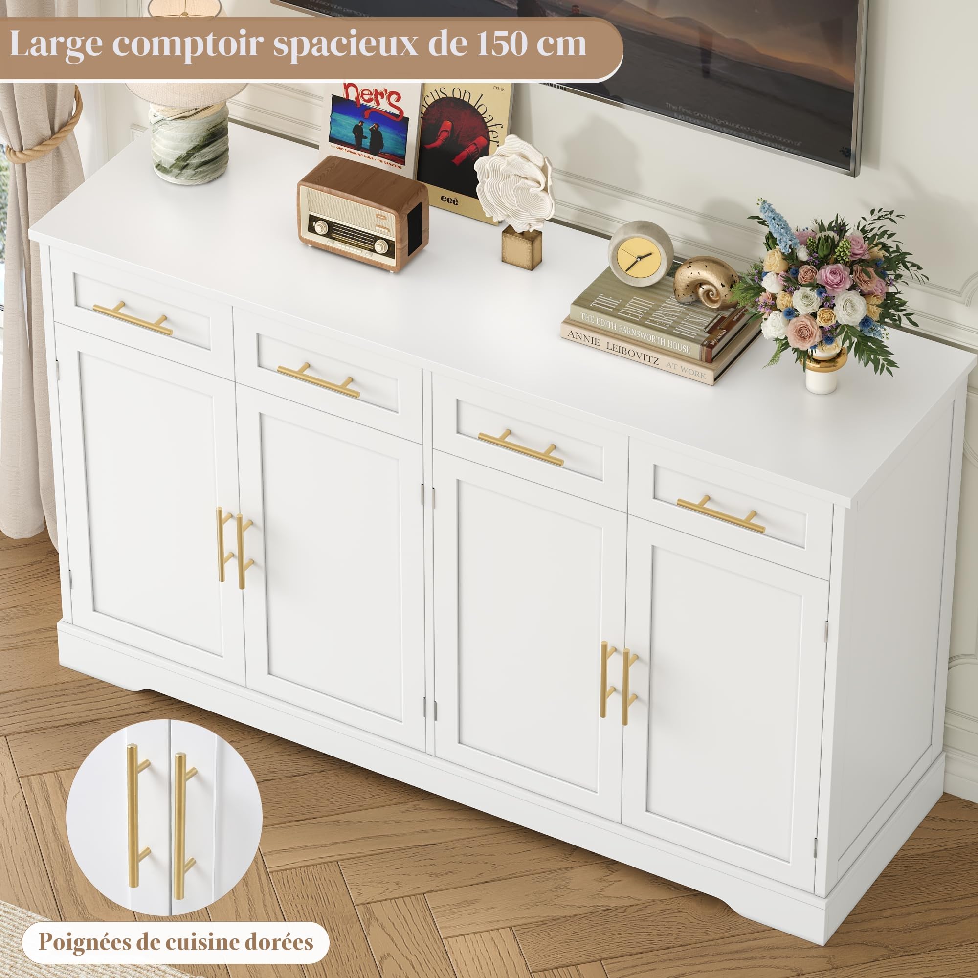HOCSOK Buffet Cuisine, 150 cm Meuble Cuisine avec 4 Tiroirs 4 Portes, Blanc | Buffet Salle a Manger avec Poignées Dorées, Meuble de Rangement pour Salon, Cuisine, Couloir, 150×40×92 cm
