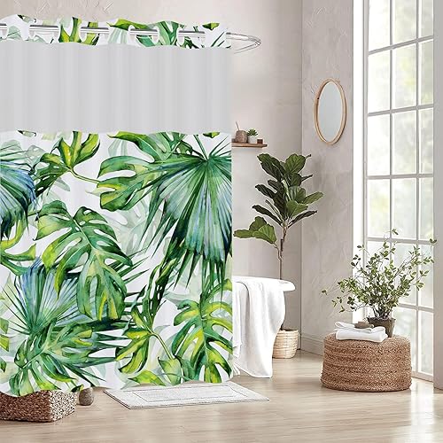 Miniatura 2 de REZAYMRS Cortina de ducha de hojas verdes sin ganchos, 71 x 71 pulgadas, impermeable y lavable, cortinas de ducha de poliéster con forro de tela a