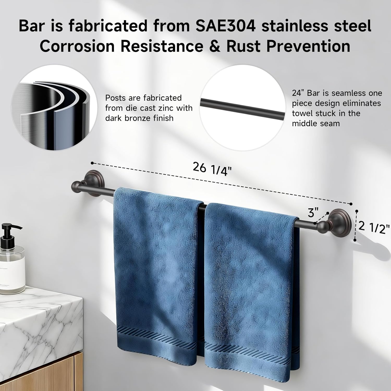 Formosa Design Hardware 24" Towel Bar Variety of Finishes and Styles Available (Modern, Dark Bronze)