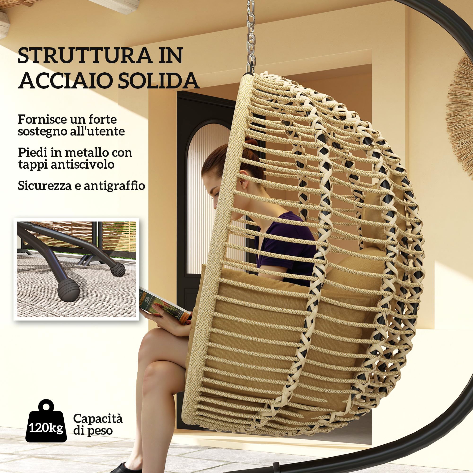 Outsunny Poltrona Sospesa a Uovo con Gancio, Cuscino Imbottito e Poggiatesta, Sedia a Dondolo da Giardino Pieghevole, Base a X in Acciaio, per Interni ed Esterni, 110x100x188 cm, Beige
