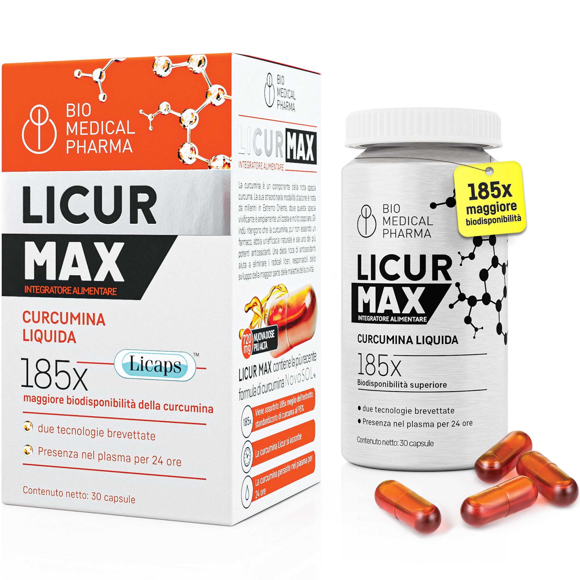Curcuma capsule alta concentrazione - 185x biodisponibilità, curcumina micellare NovaSOL, senza piperina e senza vitamina D, vegana (30 capsule)