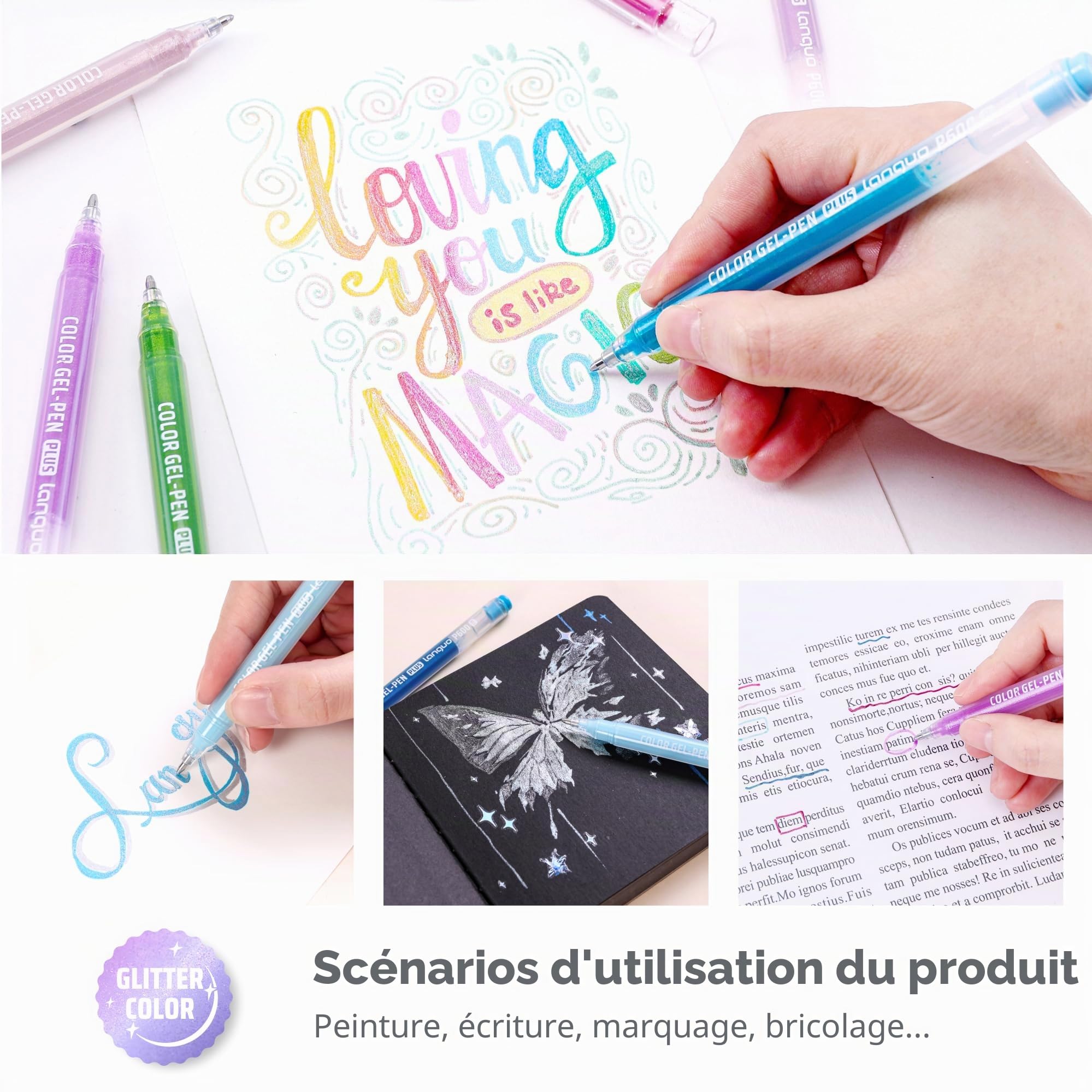 Languo Lot de 216 stylos à encre gel acrylique avec paillettes - 144 stylos de peinture acrylique et 72 stylos à paillettes pour coloriage pour adultes - Pointe large de 1,0 mm - Avec étui de