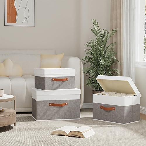 Miniatura 10 de YheenLf Fabric Storage Bins with Lids, Linen Foldable Storage Boxes, Closet Storage Organizer Containers with Handles, Storage Cube for Bedroom,