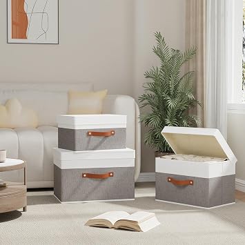 Storage Bin with Lid,White/Grey Basket,1Pack,13x9.1x7.9In