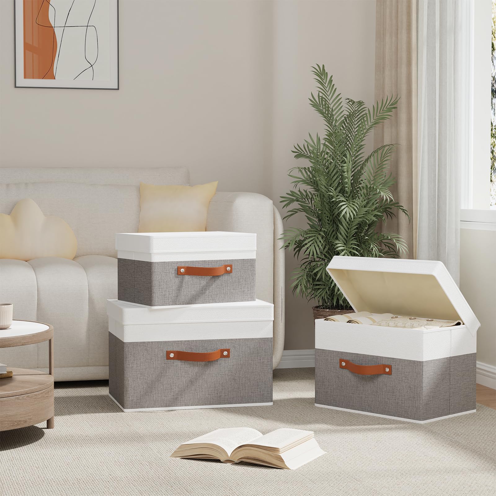 5 Pezzi Scatole con Coperchio, Scatole Portaoggetti Pieghevoli, Cubo di Stoccaggio in Tessuto con Manici, per Vestiti da Letto a Casa,Ufficio,Scuola, Bianco e Grigio, 33x23x20cm