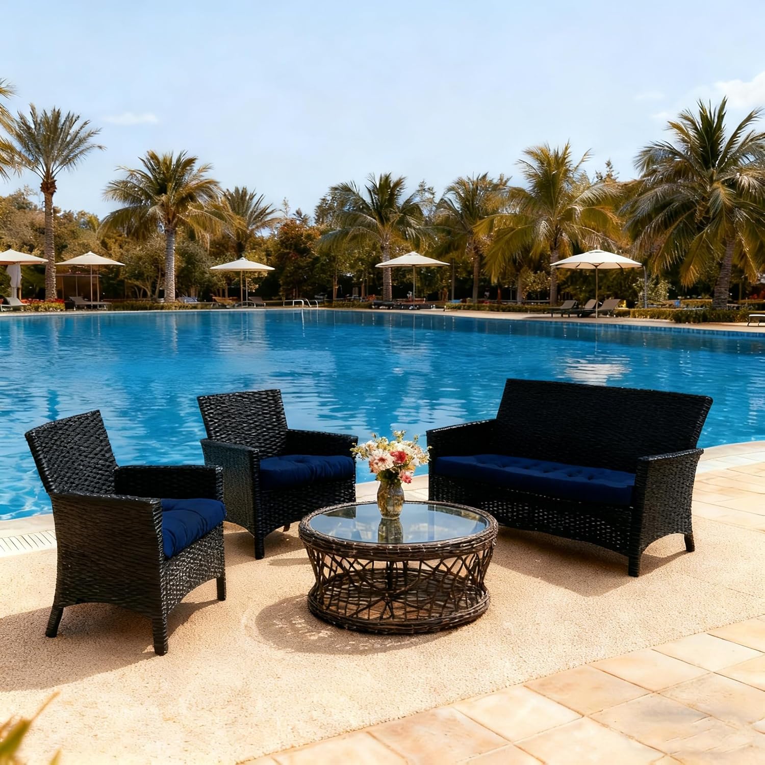 Wicker Furniture Cushions Set, Waterproof Patio Cushions for Outdoor Chairs 3 Pieces, 1 Loveseat & 2 Seat Pads Thick Outdoor Replacement Cushions for Porch Lawn Bench Couch Sofa, Navy Blue