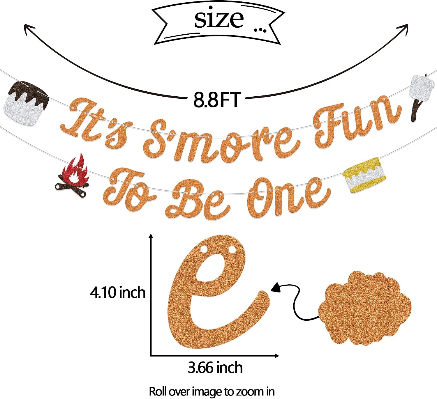 It's S'more Fun To Be One Banner, Camping Themed 1st Birthday Banner, Baby Shower S'mores Theme Party Decorations, Everything Is S'more Fun With a Baby Birthday Sign Orange & Silver Double-Sided image 2