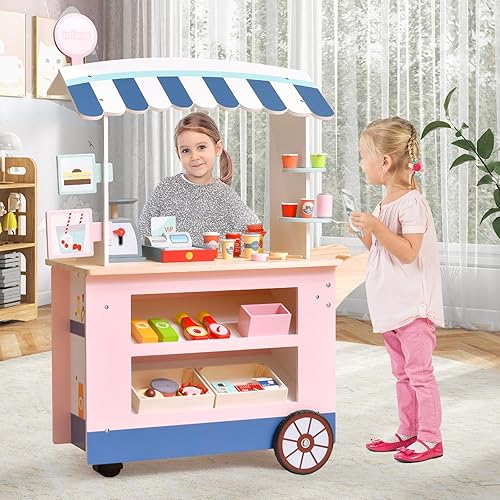 Miniatura 9 de INFANS Juguete de madera para tienda de comestibles, soporte de mercado, juego de simulación con rueda universal, báscula de alimentos, caja