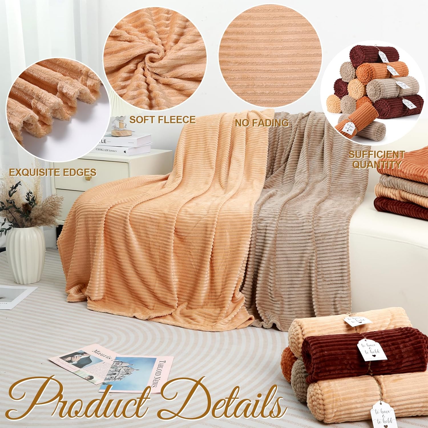 12 Pcs Terracotta Wedding Flannel Throw Blanket Bulk 50 x 60 Inch with to Have to Hold Card Striped Ribbed Soft Throw Blanket Lightweight Blankets for All Seasons Wedding Gifts Sofa Room(Terracotta) - Image 4
