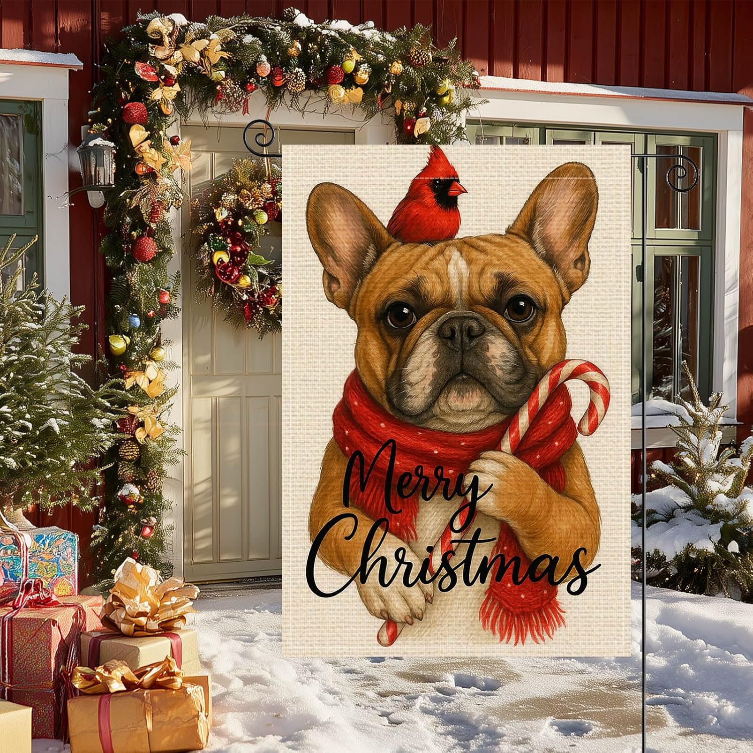 Merry Christmas Dog Garden Flag Double Sided 12x18 Inch Burlap Holiday Garden Flag French Bulldog with Red Scarf Seasonal Banner for Indoor and Outdoor Decoration Yard Lawn Decor - Image 3