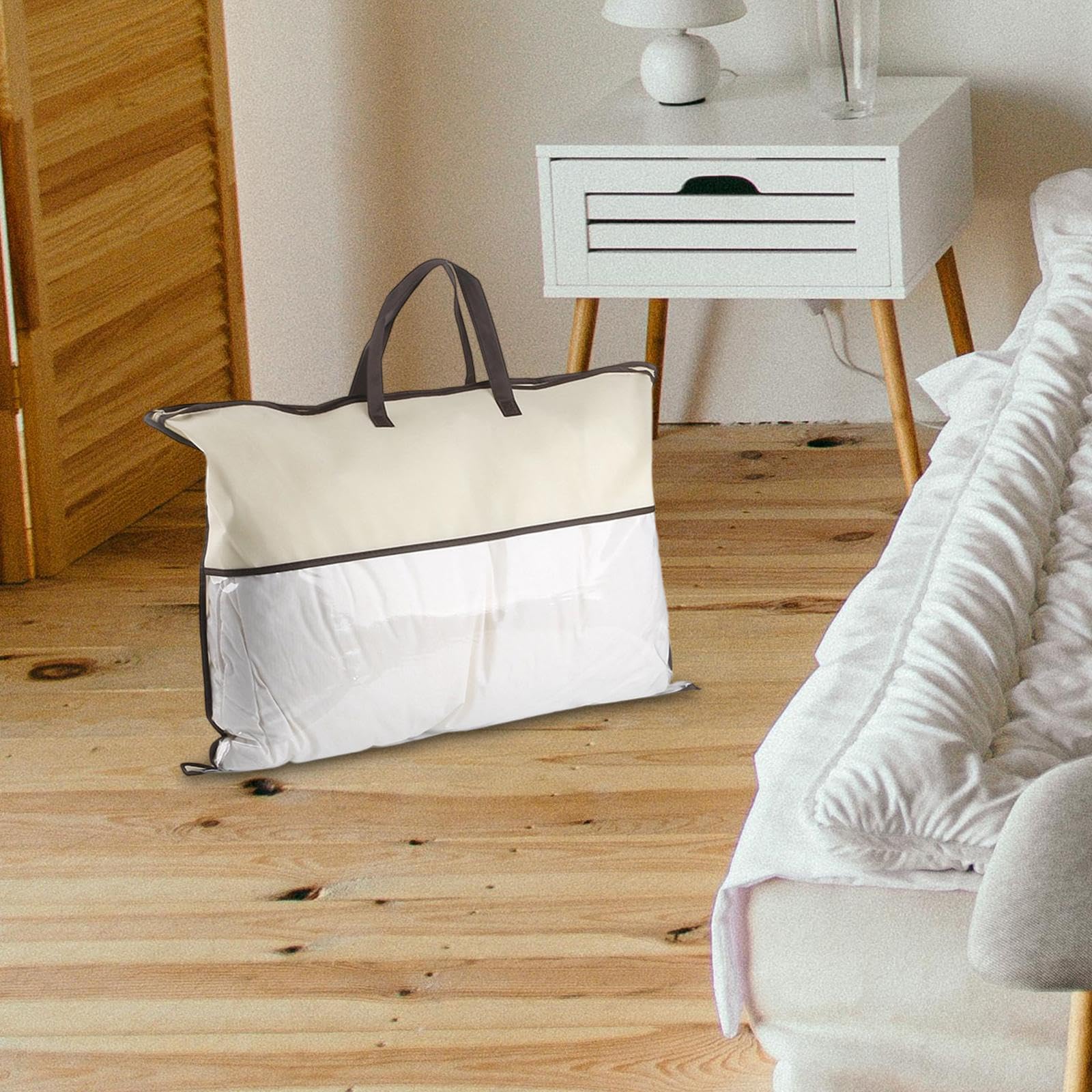 FytStycale Sac de Rangement, Oreiller avec Fermeture Éclair, Fenêtre Transparente, Organisateur Couette, Sac Transport Poignée Matériau Résistant, Adapté au Rangement, Brun